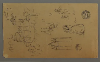 Dibujo, castillo medieval, dos torres, estudios de figuras, cerca de Thun, posiblemente 1868